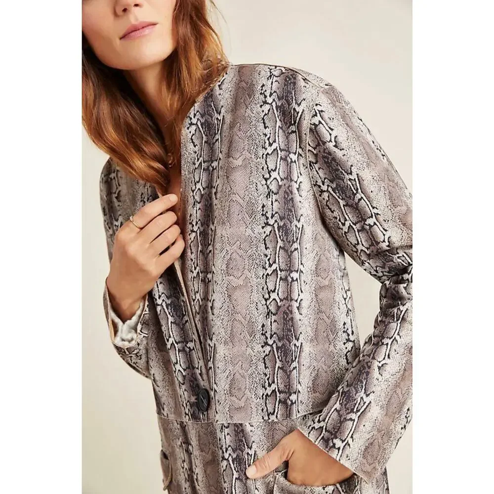 Blank NYC Python Print Faux Suede Longline Duster Coat Neutral Taupe Womens Sm